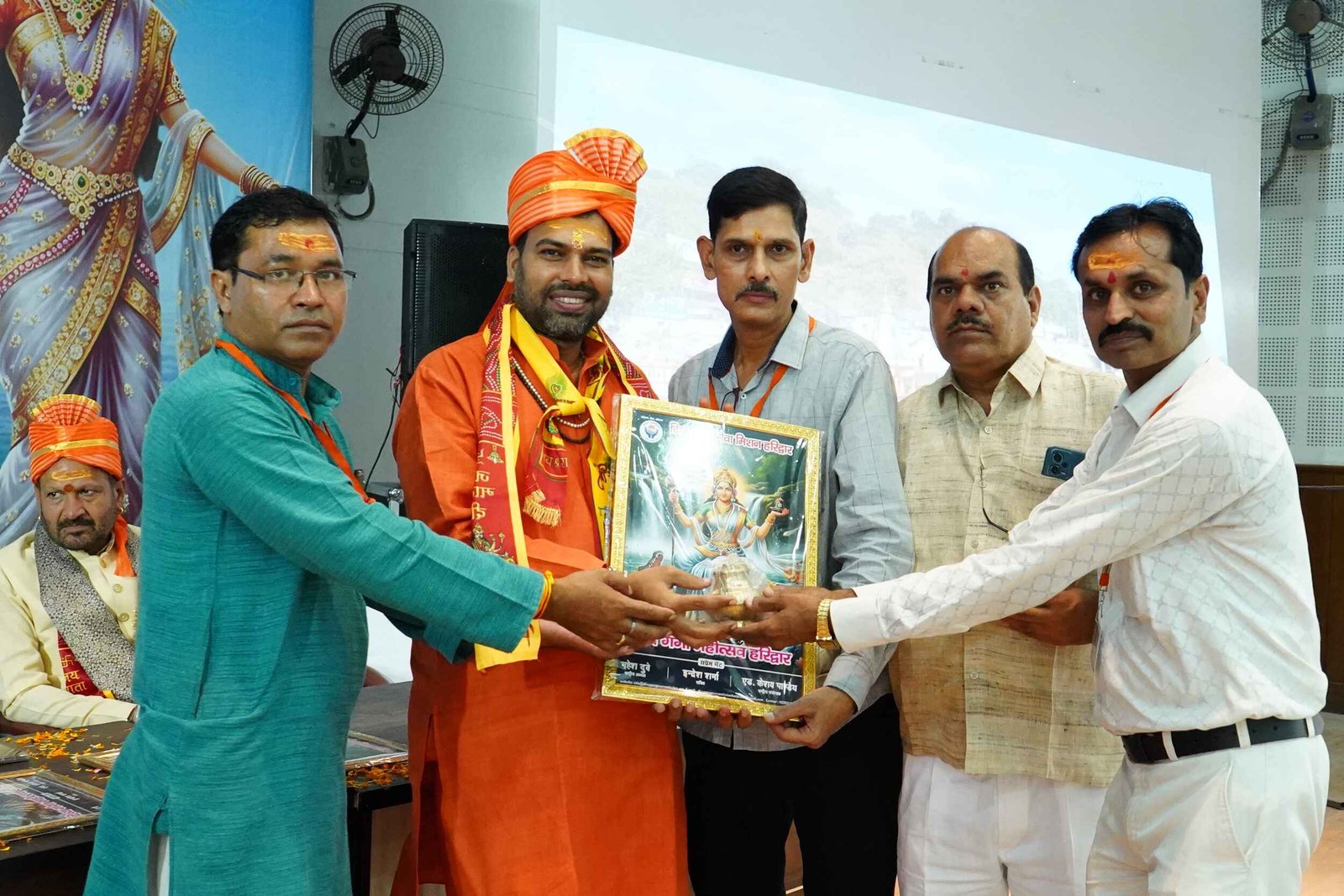 Ceremonial Hindu rituals at Har Ki Pauri, Ganga Aarti led by Divy Ganga Seva Mission, Haridwar